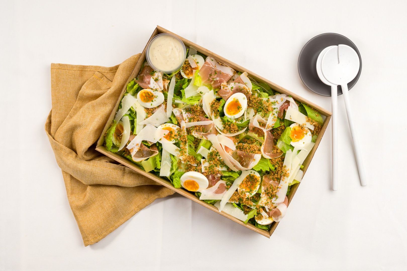 Caesar Salad, Cos Lettuce Hearts, Soft Boiled Egg, Shaved Parmesan, Freshly Sliced Prosciutto, Pangrattato Crumb, Caesar Dressing