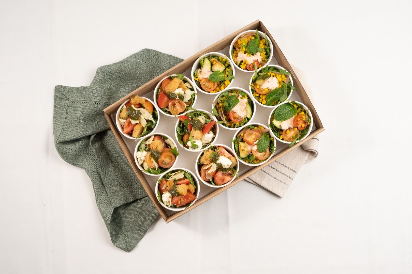Rustic Tomato & Bocconcini Salad Mini Cup, Roquette, Basil Pesto, Croutons, Toasted Pine nuts, Parmesan & Olive Oil