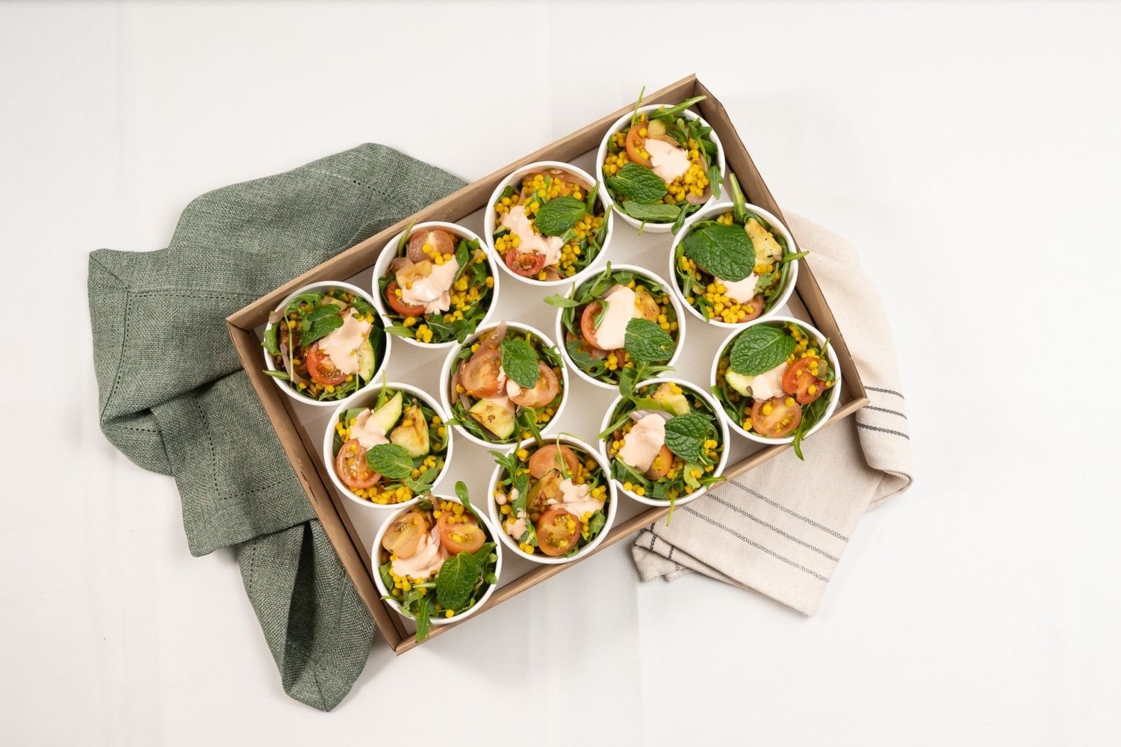 Nut Free, Turmeric Pearl Cous-Cous Salad Mini Cup, Chargrilled Zucchini, Cherry Tomatoes, Pickled Red Onions, Roquette, Spiced Seeds, Yoghurt & Harissa Dressing