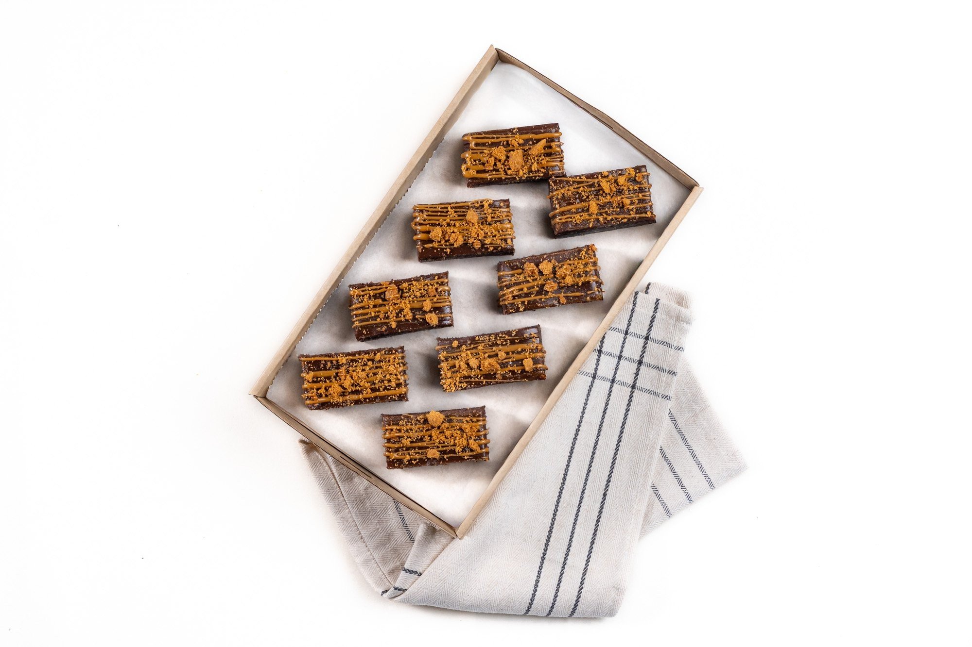 Fudge Brownie Slice, Biscoff Ganache & Crumble  