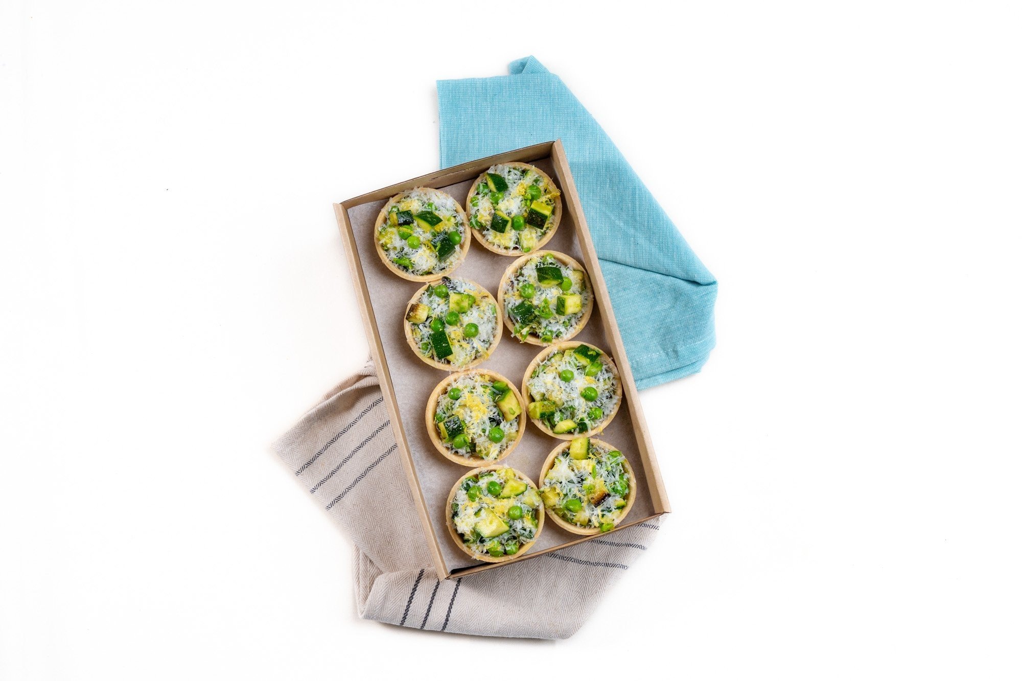Savoury Pastry Cups, Preserved Lemon Ricotta, Charred Zucchini, Smashed Peas, Parmesan