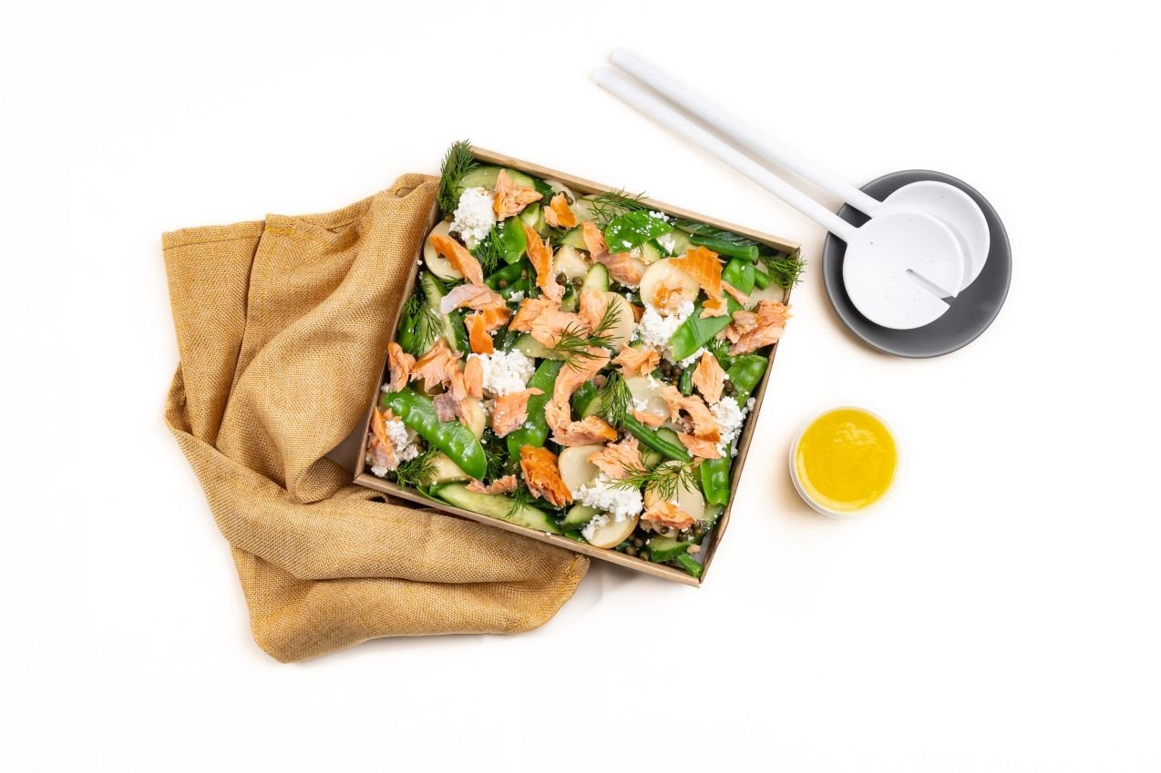 Flaked Hot Smoked Salmon Salad, Chat Potatoes & Greens Salad, Snow Peas, Green Beans, Cucumber, Baby Capers, Dill, Feta Cheese, Hot English Mustard And Lemon Vinaigrette