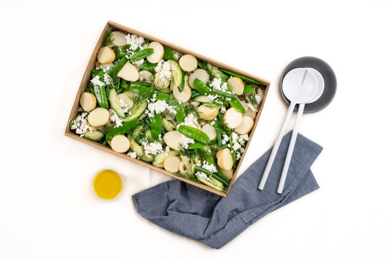 Chat Potatoes & Greens Salad, Snow Peas, Green Beans, Cucumber, Baby Capers, Dill, Feta Cheese, Hot English Mustard And Lemon Vinaigrette