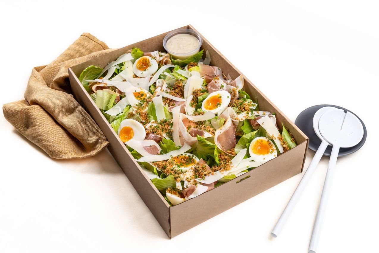 Caesar Salad, Cos Lettuce Hearts, Soft Boiled Egg, Shaved Parmesan, Freshly Sliced Prosciutto, Pangrattato Crumb, Caesar Dressing