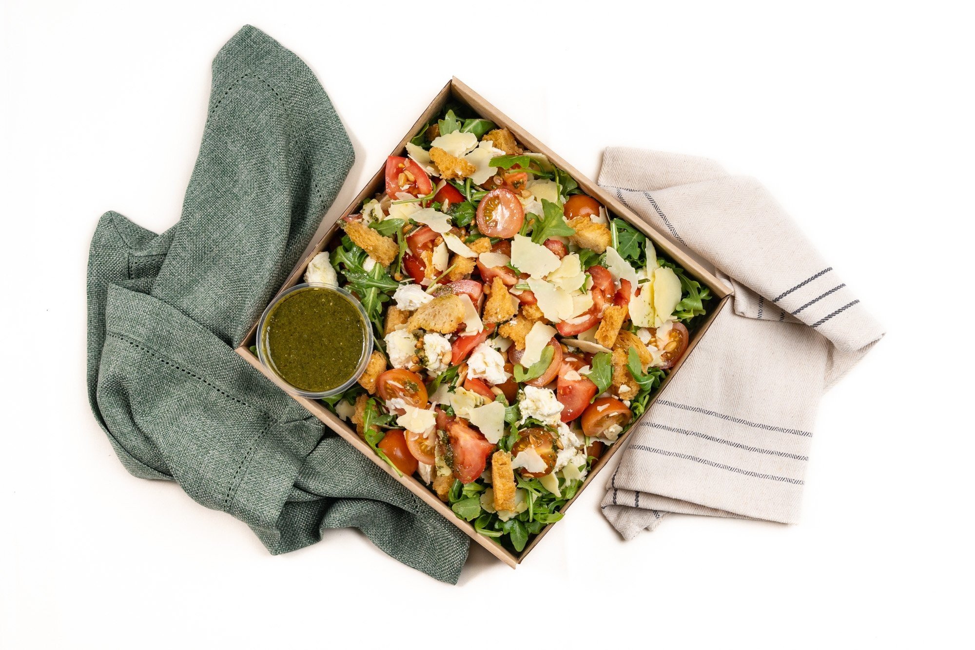 Rustic Tomato & Bocconcini Salad, Roquette, Basil Pesto, Croutons, Toasted Pine Nuts, Parmesan & Olive Oil