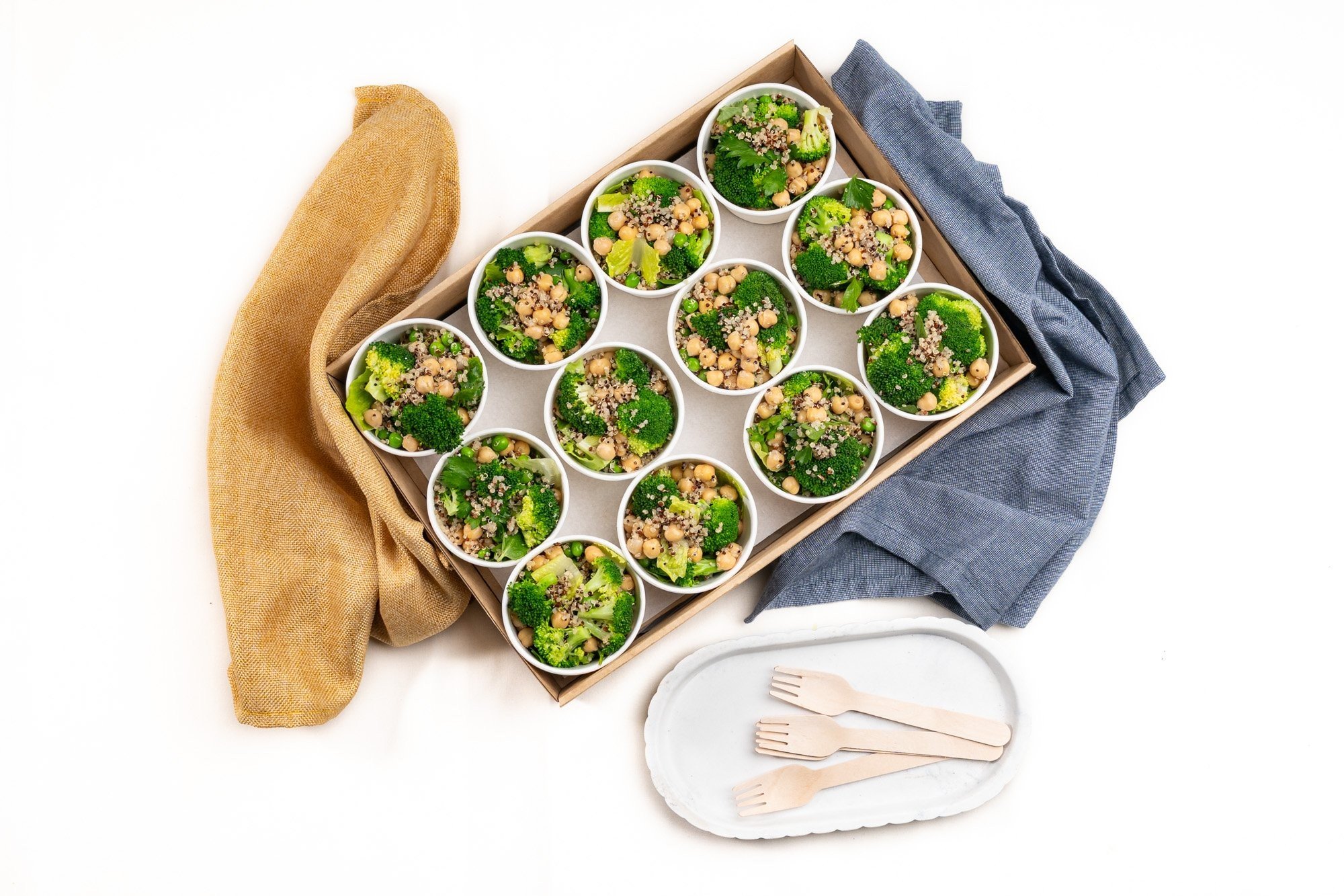 Healthy Salad Mini Cup, Quinoa, Chickpeas, Broccoli, Green Peas, Cos Lettuce, Gluten-Free Soy Toasted Seeds, Parsley, Mint With Seeded Mustard & Sherry Vinegar