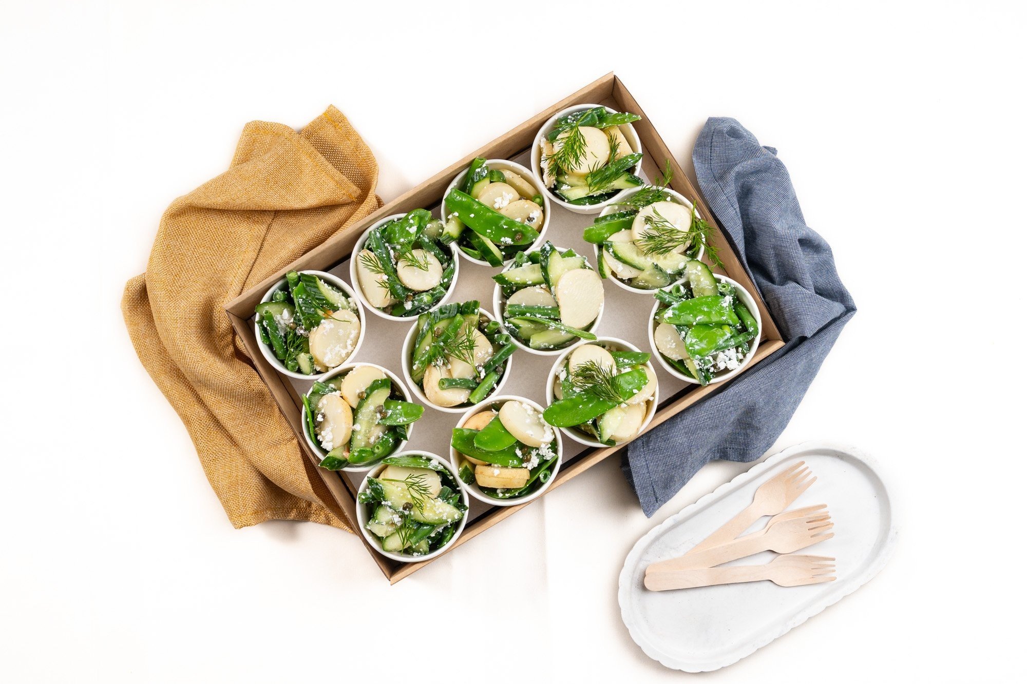 Chat Potatoes & Greens Salad Mini Cup, Snow Peas, Green Beans, Cucumber, Baby Capers, Dill, Feta Cheese, Hot English Mustard And Lemon Vinaigrette