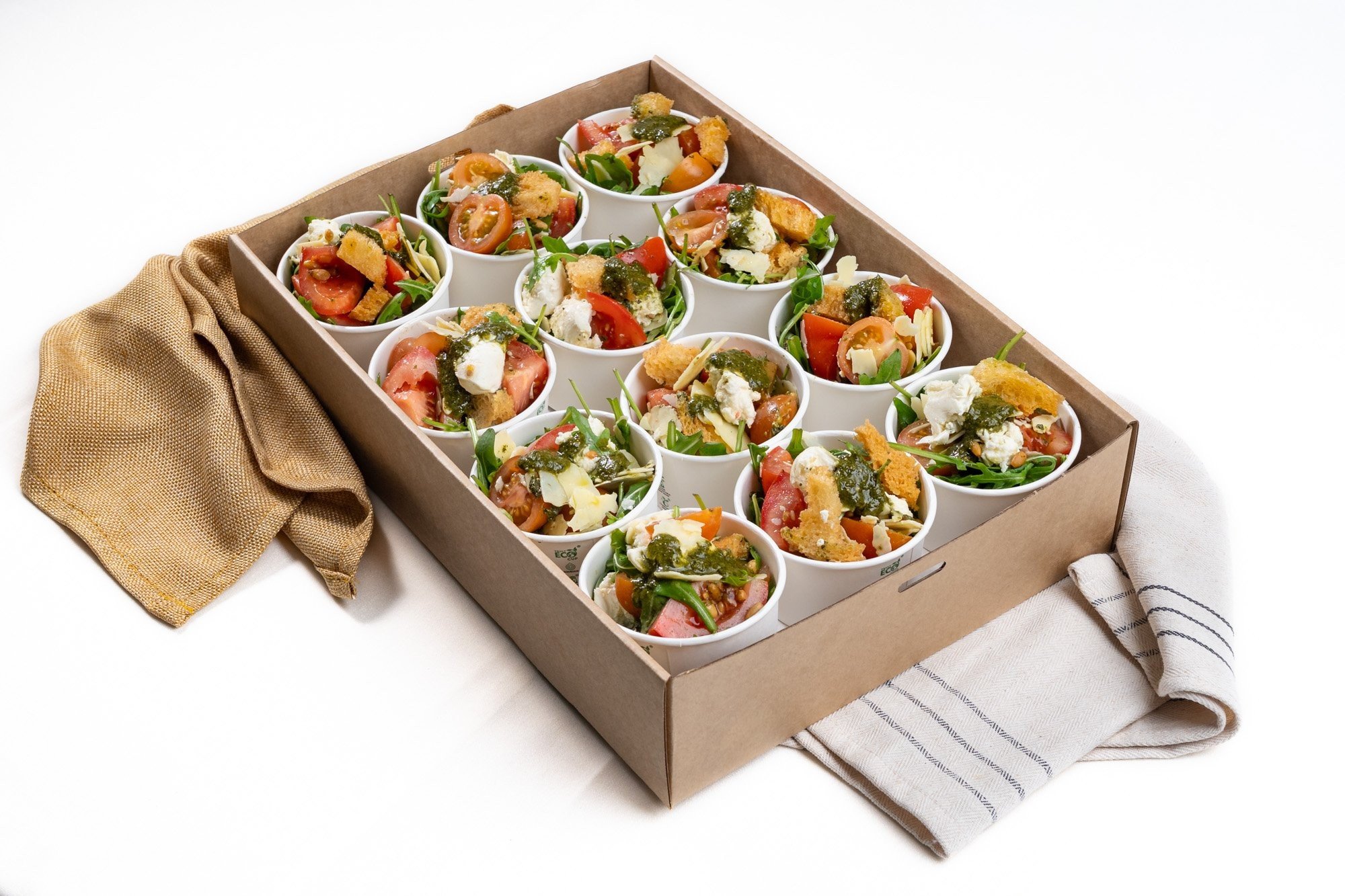 Rustic Tomato & Bocconcini Salad Mini Cup, Roquette, Basil Pesto, Croutons, Toasted Pine nuts, Parmesan & Olive Oil