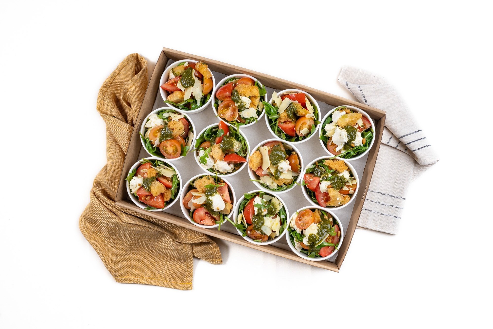 Rustic Tomato & Bocconcini Salad Mini Cup, Roquette, Basil Pesto, Croutons, Toasted Pine nuts, Parmesan & Olive Oil