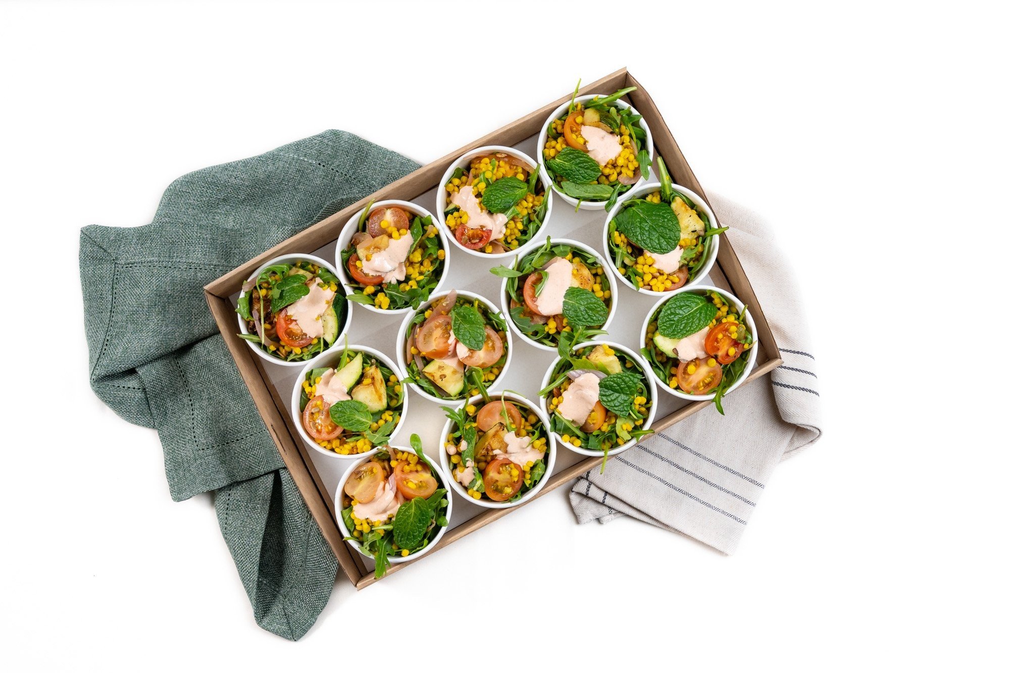 Nut Free, Turmeric Pearl Cous-Cous Salad Mini Cup, Chargrilled Zucchini, Cherry Tomatoes, Pickled Red Onions, Roquette, Spiced Seeds, Yoghurt & Harissa Dressing