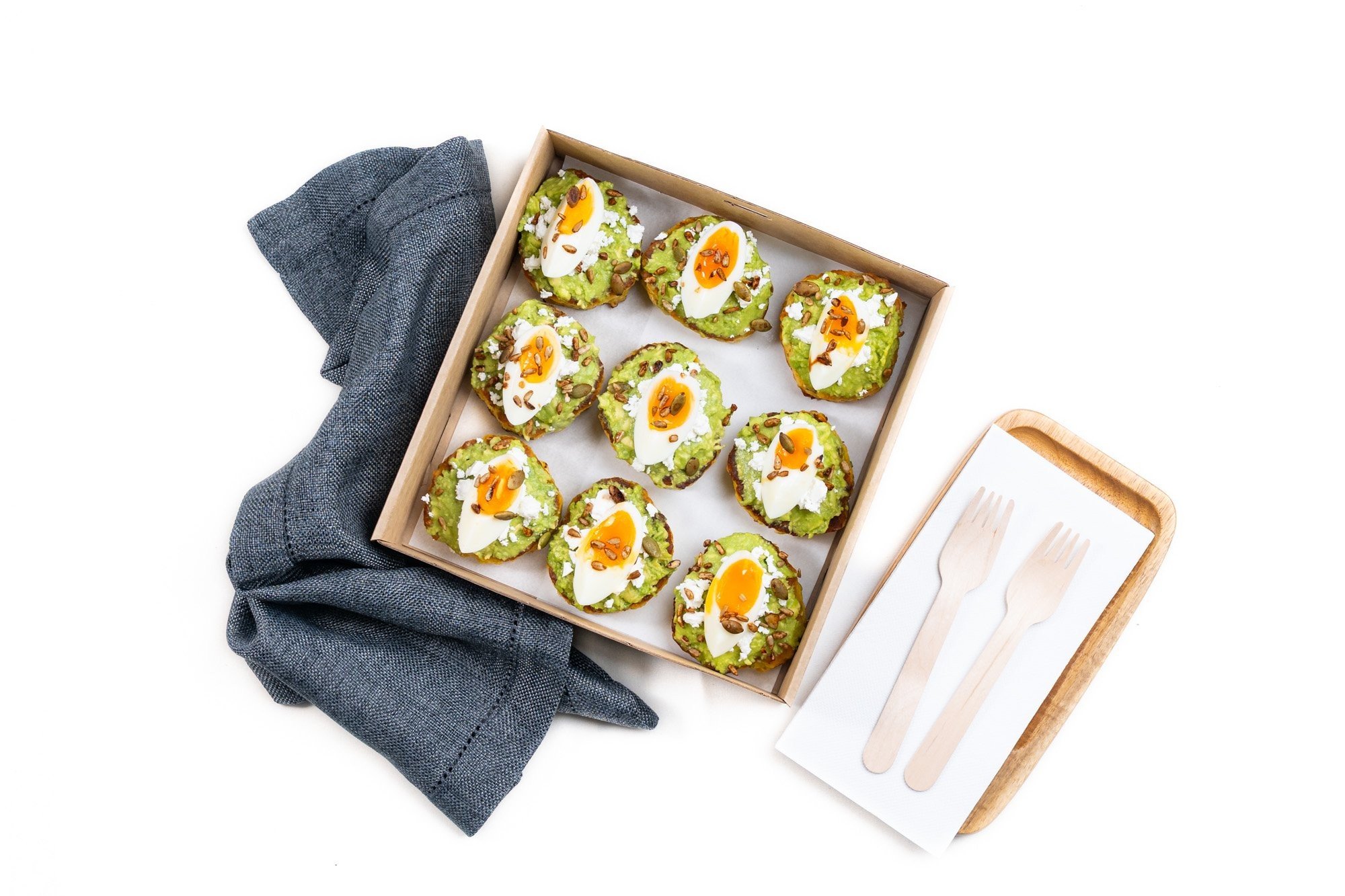 Vegetarian Fritter Box - Smashed Avocado, Boiled Egg, Crumbled Feta And Toasted Seeds