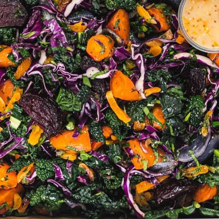 Vegetarian Roasted Maple Carrot Salad Mini Cup, Roasted Onion, Purple Cabbage, Apricot, Kale, Parsley And Mint, Toasted Almonds, Served With an Orange, Maple, Mustard & Apple Cider Vinegar Dressing