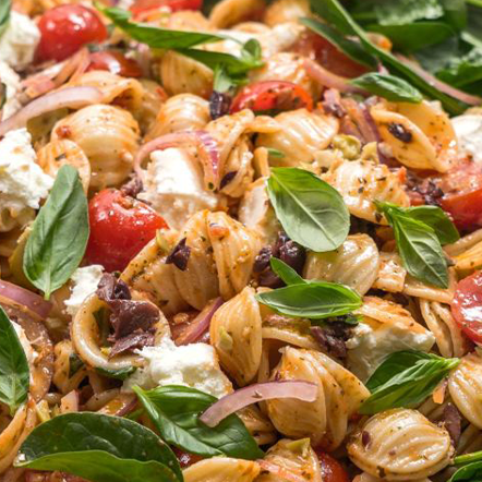 Orecchiette Pasta Salad Mini Cup Cherry Tomato Kalamata and Green Olives Bocconcini Baby Spinach Red Onion and Basil