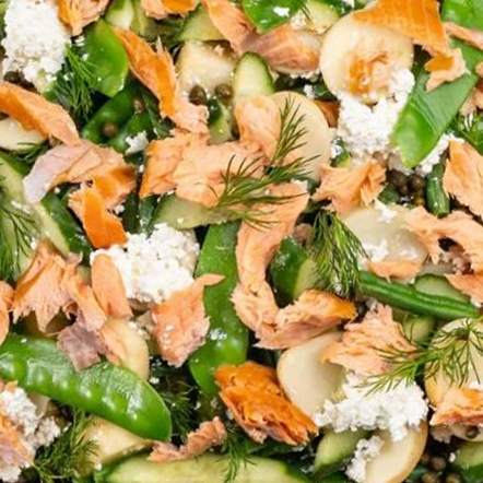 Flaked Hot Smoked Salmon Mini Cup, Chat Potatoes & Greens Salad, Snow Peas, Green Beans, Cucumber, Baby Capers, Dill, Feta Cheese, Hot English Mustard And Lemon Vinaigrette