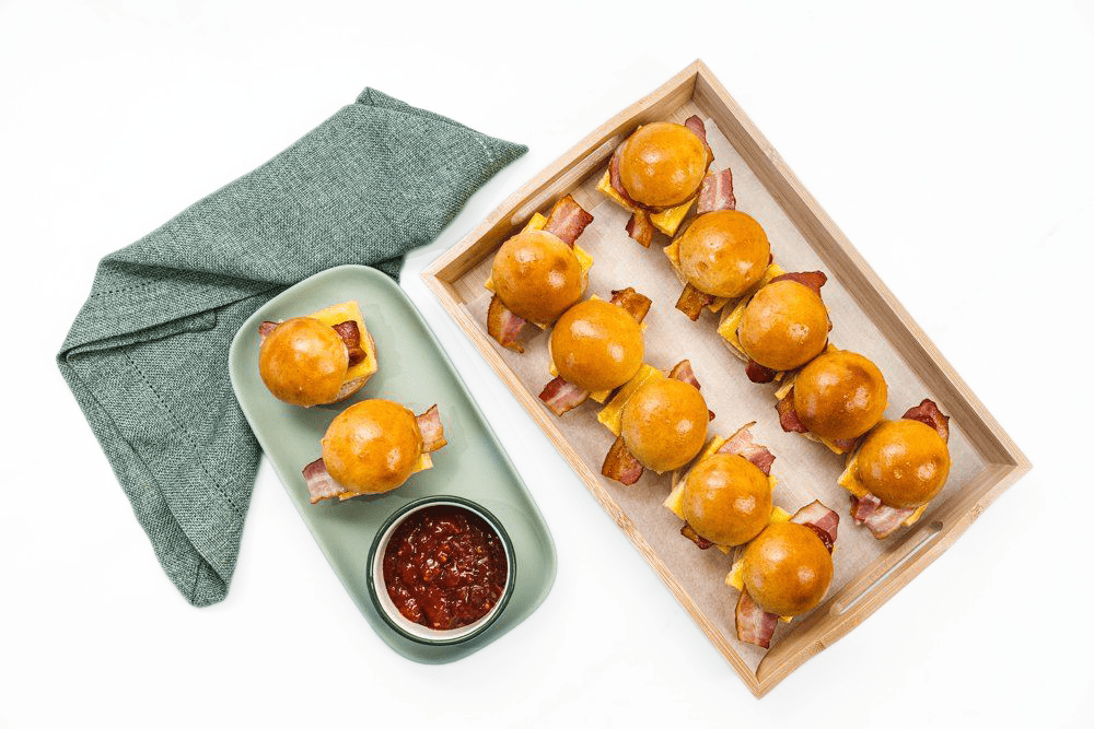 Brioche Egg and Bacon Sliders with Tomato Relish and Cheese