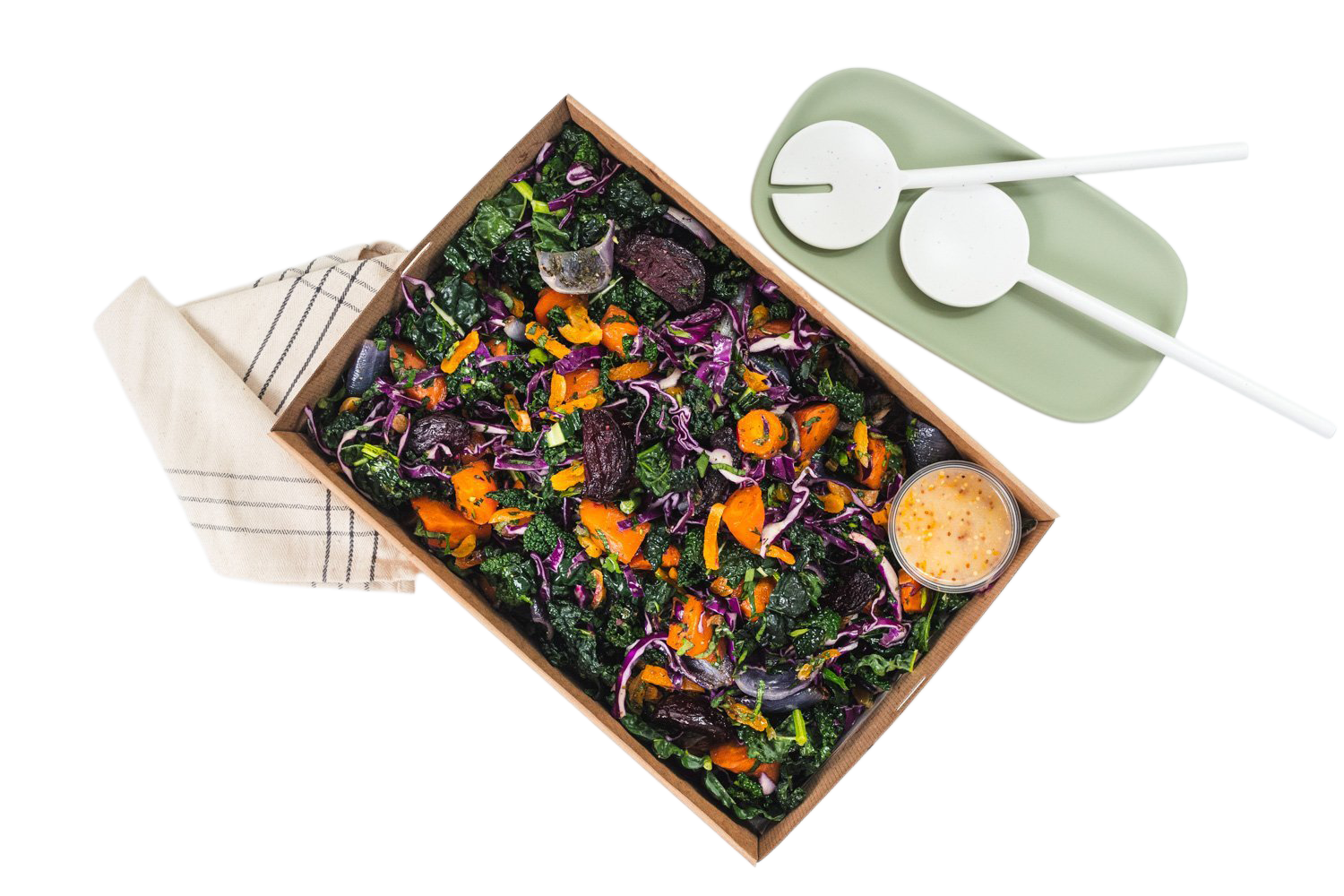 Vegetarian Roasted Maple Carrot Salad, Roasted Onion, Purple Cabbage, Apricot, Kale, Parsley And Mint, Toasted Almonds, Served With an Orange, Maple, Mustard & Apple Cider Vinegar Dressing