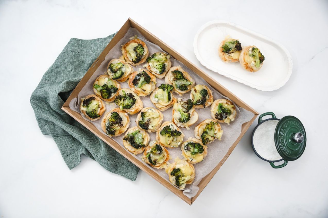 Pizza Bites, Charred Broccoli, Potato Gorgonzola, White Sauce, Mozzarella