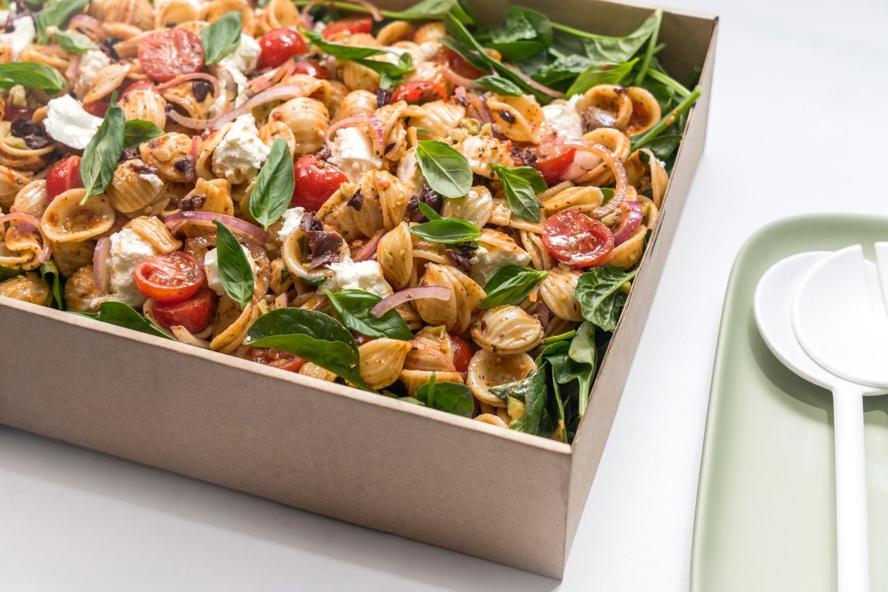 Orecchiette Pasta Salad, Grilled Chicken, Cherry Tomato, Kalamata and Green Olives, Bocconcini, Baby Spinach Red Onion and Basil / Feeds 8 - 10