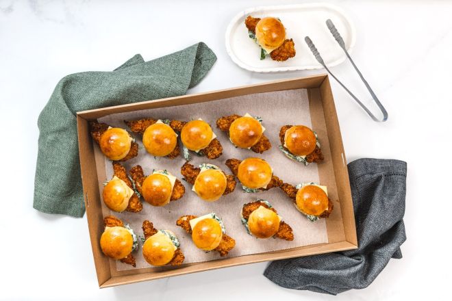 Panko Crumbed Chicken Sliders, Tasty Cheese and Herb Mayo