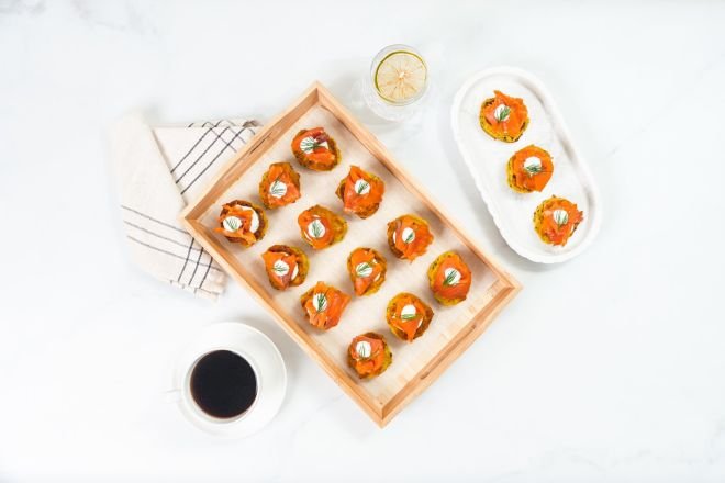 Canapé Sweetcorn Fritters, Smoked Salmon, Dill Sour Cream