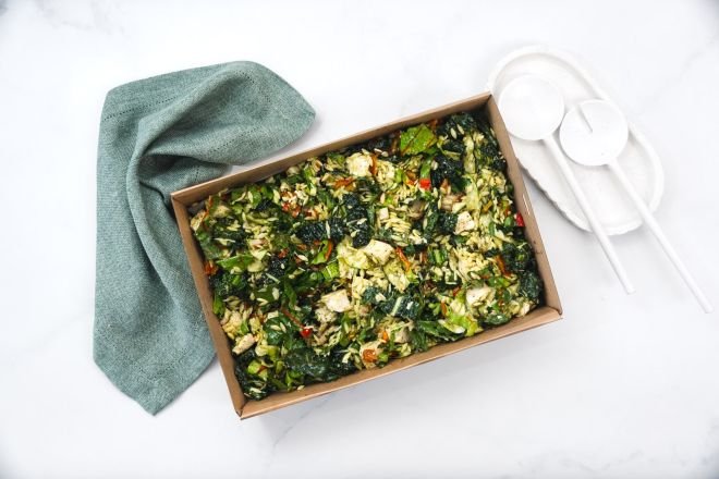 Large Risoni Pasta Salad, Grilled Chicken, Sun Dried Tomato, Kale, Zucchini Ribbons, Parmesan & Pesto Feeds 10-12