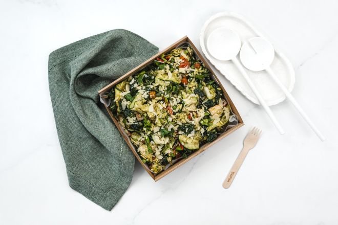 Small Risoni Pasta Salad, Grilled Chicken, Sun Dried Tomato, Kale, Zucchini Ribbons, Parmesan & Pesto Feeds 8-10