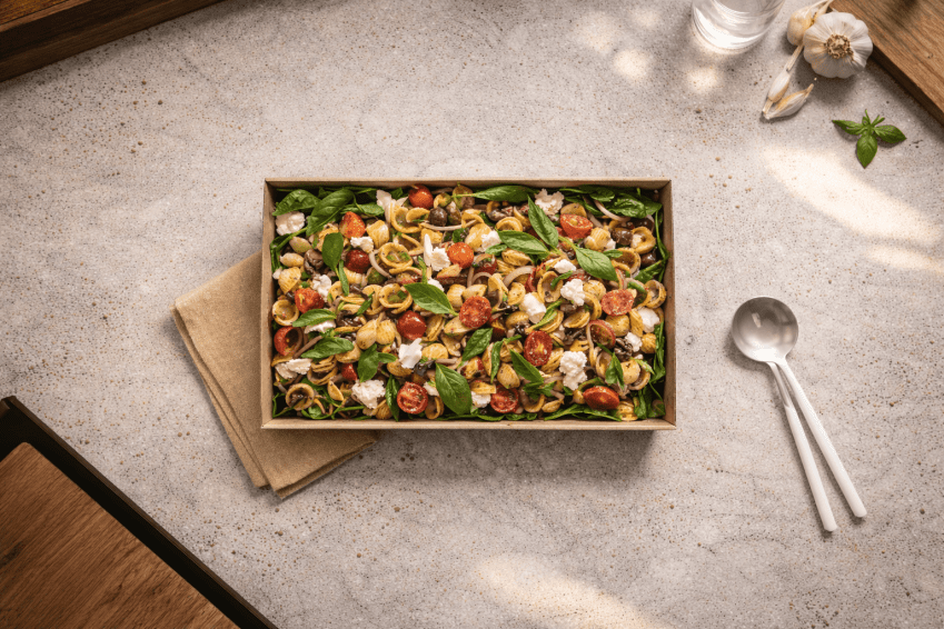 Orecchiette Pasta Salad, Cherry Tomato, Kalamata And Green Olives, Bocconcini, Baby Spinach, Red Onion Basil, Semi-Dried Tomato Vinaigrette