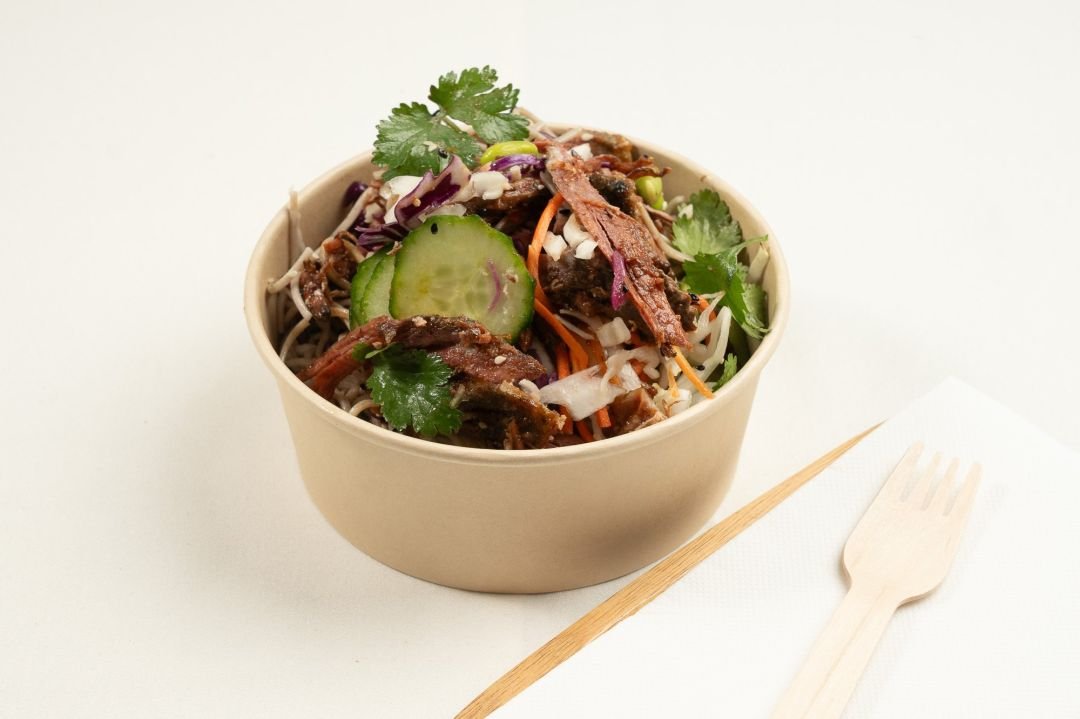 Pulled Marinated Beef Brisket Soba Noodle Salad Bowl, Pickled Red Cabbage, Carrot, Cucumber, Edamame, Crispy Shallots, Sesame Seeds & Coriander With Soy and Mirin Dressing
