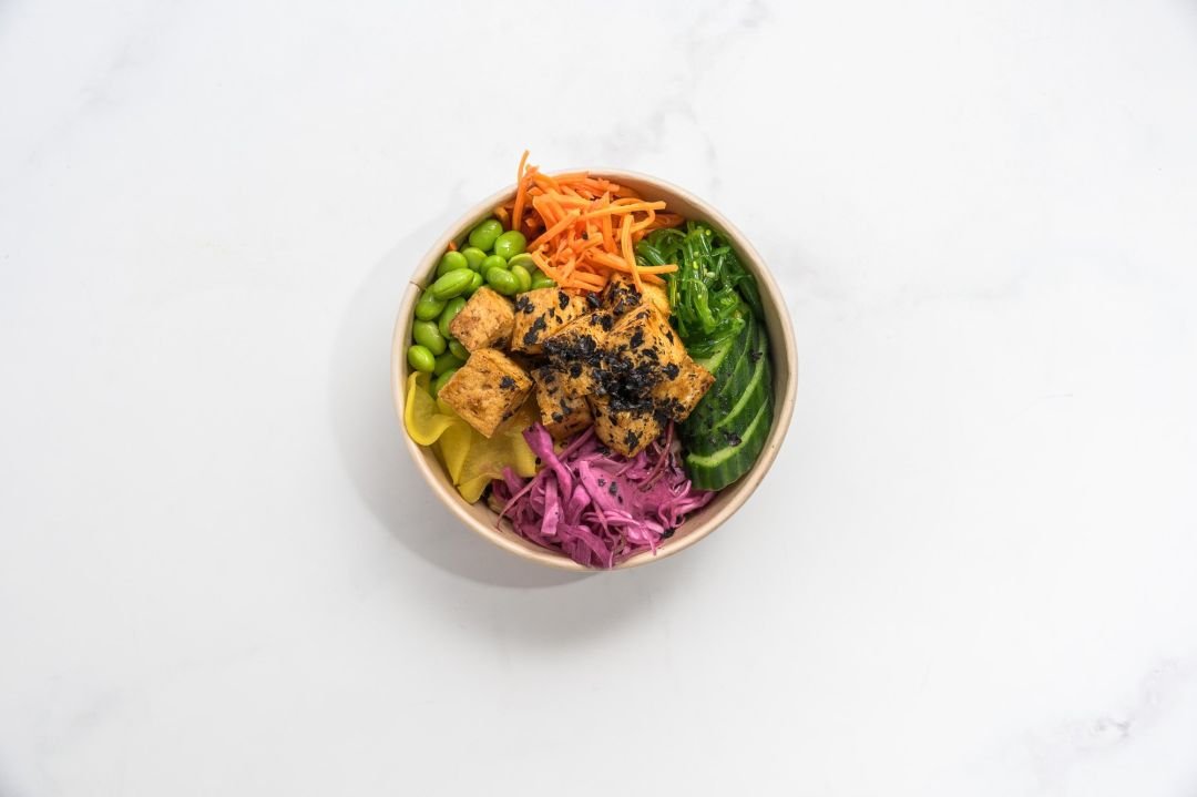 Soy and Mirin-Marinated Tofu Bowl, Soy and Nori Brown Rice, Pickled Carrot, Wakame, Edamame, Pickled Red Cabbage, Sesame, Cucumber, Radish, and Pickled Ginger