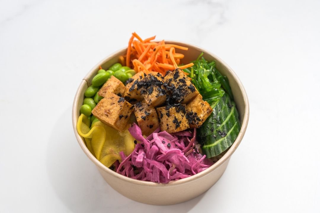 Soy and Mirin-Marinated Tofu Bowl, Soy and Nori Brown Rice, Pickled Carrot, Wakame, Edamame, Pickled Red Cabbage, Sesame, Cucumber, Radish, and Pickled Ginger