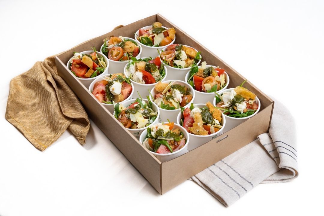 Rustic Tomato & Bocconcini Salad Mini Cup, Roquette, Basil Pesto, Croutons, Toasted Pine nuts, Parmesan & Olive Oil