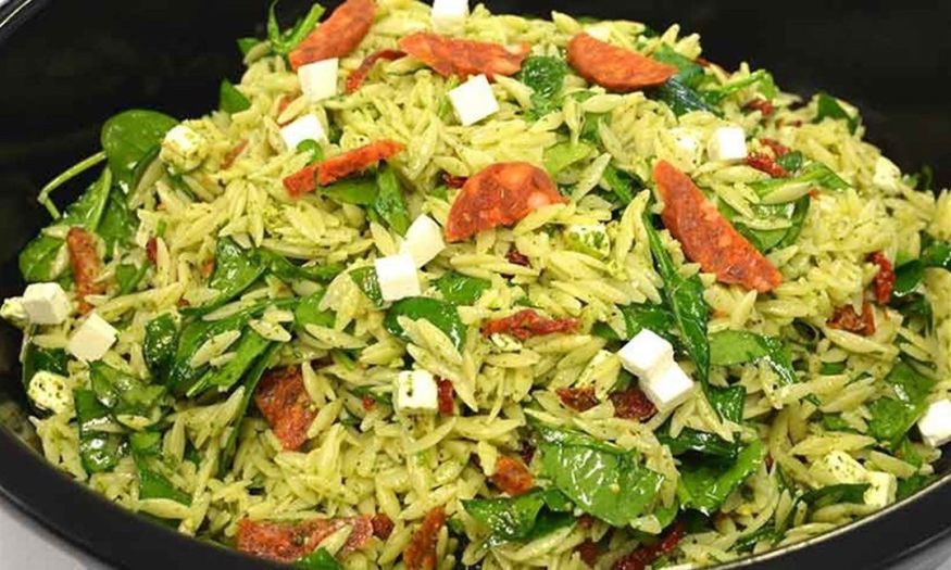 Orzo Salad with Chorizo,  Sundried Tomato, Feta, Olives and Basil