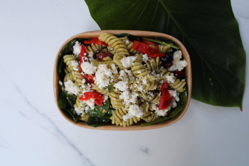 Individual Pesto Pasta Salad With Fetta, Olives And Capsicum