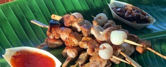 Pork & Lychee canape skewers. Rujak dipping.
