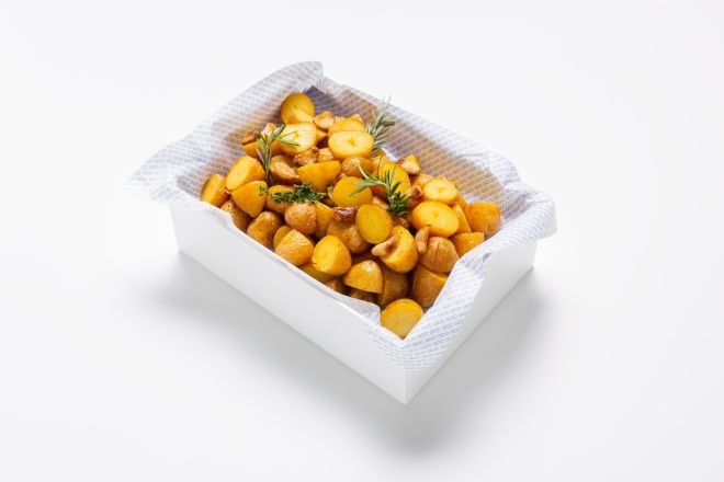 Twice Cooked Baby Gourmet Potatoes, Confit Garlic, Flaked Sea Salt