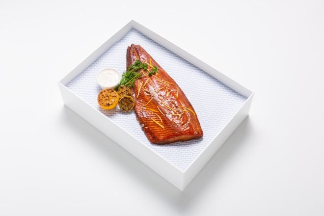 Maple Cured Hot Smoked Salmon, Dill and Horseradish Creme Fraiche
