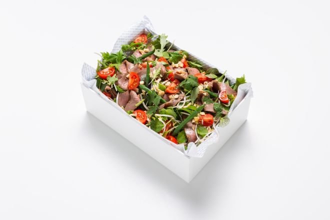 Thai Beef, Mixed Greens, Tomato, Mung Bean, Chili, Toasted Peanut