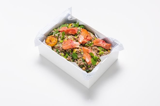 Hot Smoked Salmon, Minted Quinoa, Edamame, Broad Bean