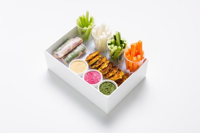 Selection of Raw and Pickled Veg, Vietnamese Rice Paper Rolls, Corn Fritters, Hummus, Pesto, Garlic Aioli