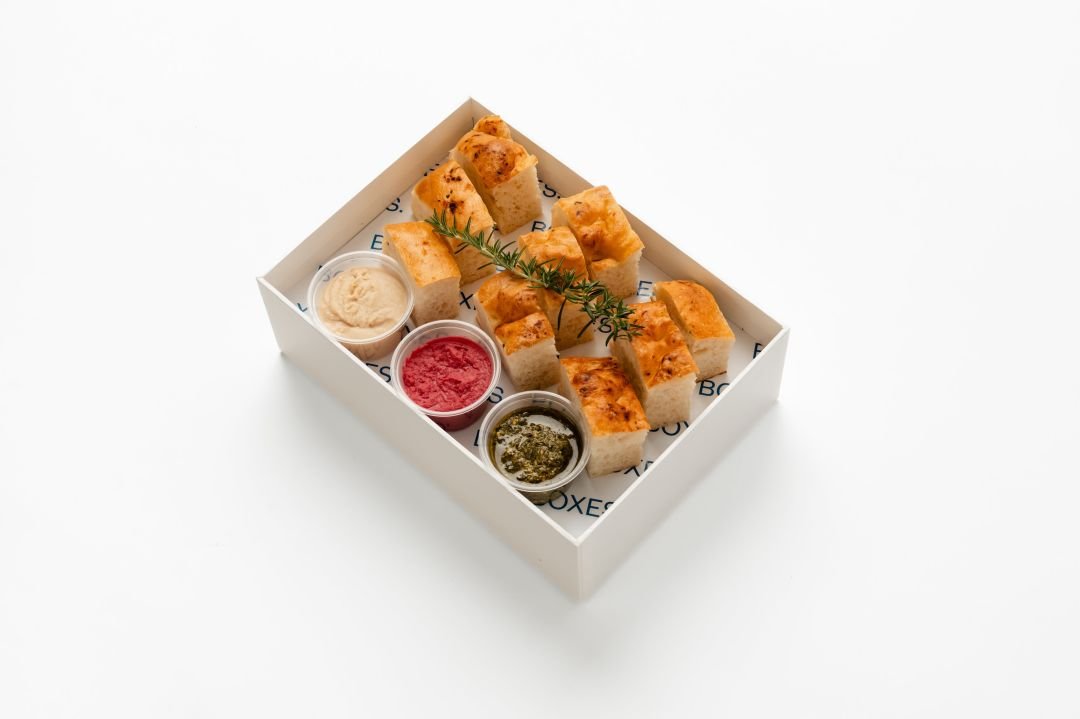 Rosemary and sea salt focaccia, with a trio of dips