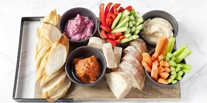 Gourmet dips platter served with crudités and a gourmet bread & cracker selection