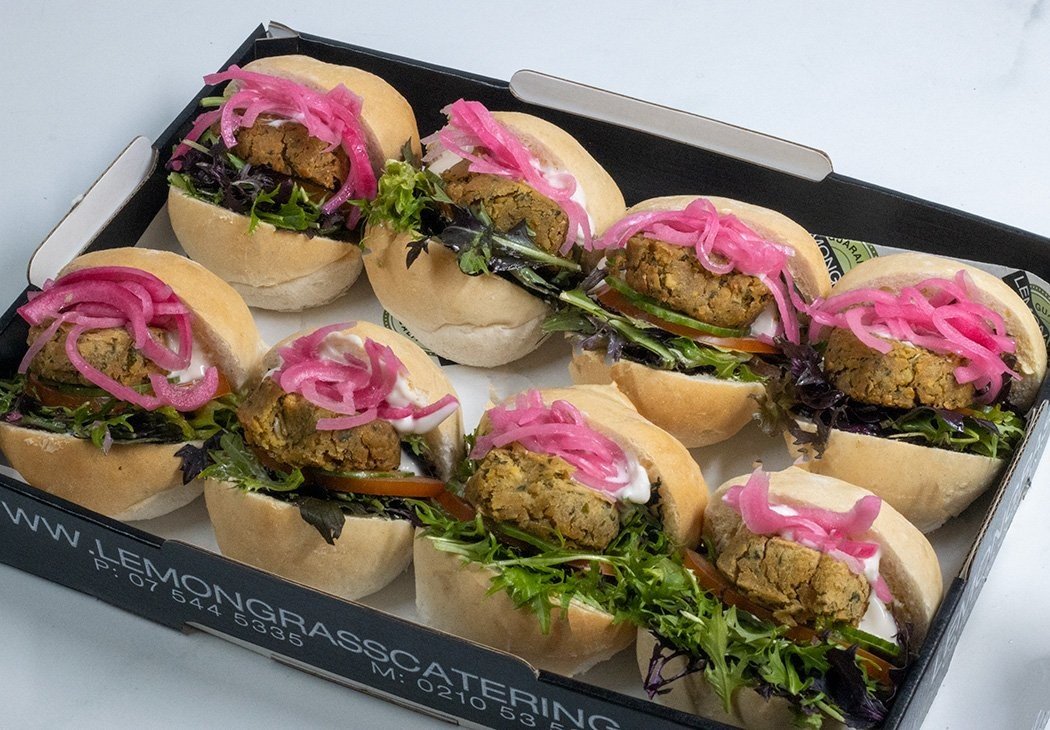 FALAFEL SLIDERS with Chickpea & herb falafel, vegan mayonnaise, relish ...