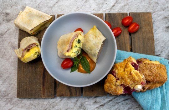 BREAKFAST BURRITO  - shaved ham, cheese, Frittata with hash brown-spinach-red peppers-egg with cheese sauce wrapped in a large soft wrap - hot and individually wrapped in foil