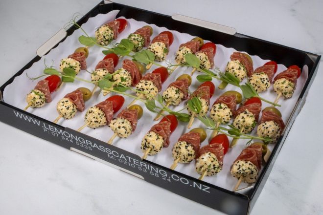 ANTIPASTI SKEWER Canape Platter - 20 - Mini herb mozzarella cheese balls, chorizo salami & cherry tomato/green olive on skewer (GF) Sunday Catering 