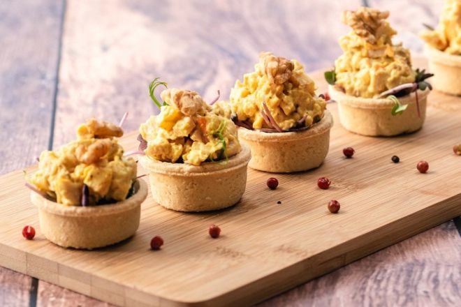 CHICKEN APPLE WALNUT canape tartlet with tender chicken, crisp diced apple and toasted chopped walnut 