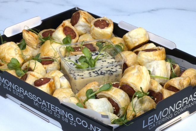 CHORIZO PUFFS PLATTER (40) Cold - Smokey chorizo bites wrapped in flakey pastry with house made course grain honey & mustard dipping sauce - Sunday Catering 