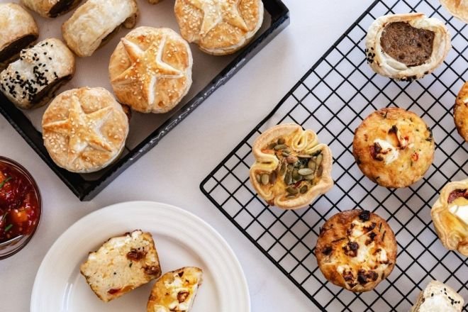 MIXED SAVOURYS - Selection of our Beef red wine pies, Vegetarian Quiche & Beef sage onion sausage rolls - Cold - Sunday Catering 