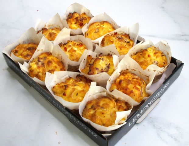 MAC N CHEESE FRITTATA SAVOURIES - with coarse grain mustard & relish baked in rich cream & egg & topped with cheese (V) 