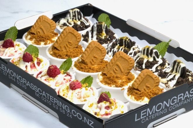 CHEESECAKE MINI TUBS Platter (15)  Biscoff caramel crumble x 5, Cookies & cream x 5, Berry with white chocolate drizzle x 5
