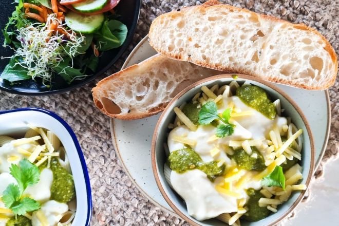 MONDAY DINNER AIMS - Macaroni Cheese, Frankfurters, Potato & Green Salads, Fresh Bakery Bread, Rolls & Butter 